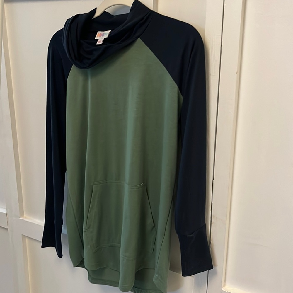 Lularoe Hooded Long Shirt S Blue/Green